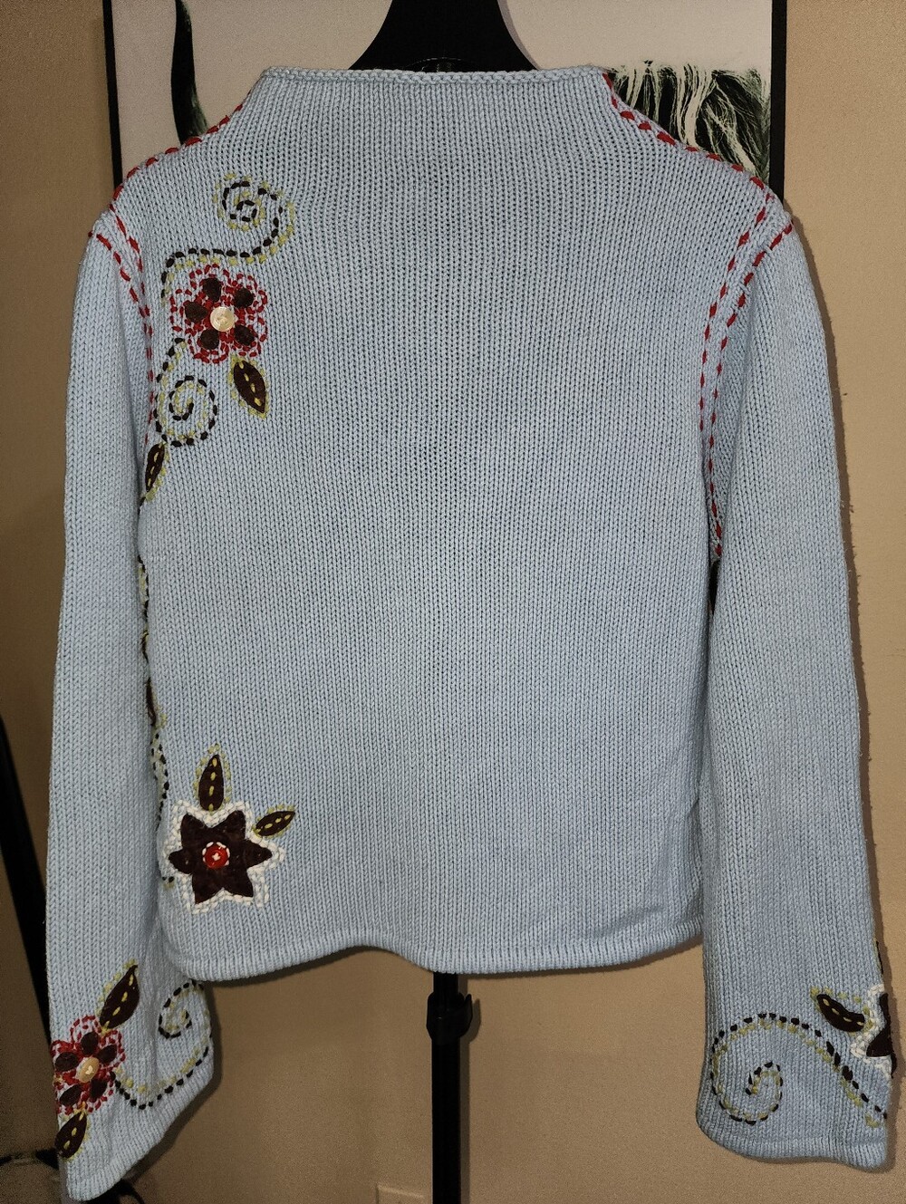 Vintage Relais Knitware Floral Applique Funnel Neck Sweater Size Medium